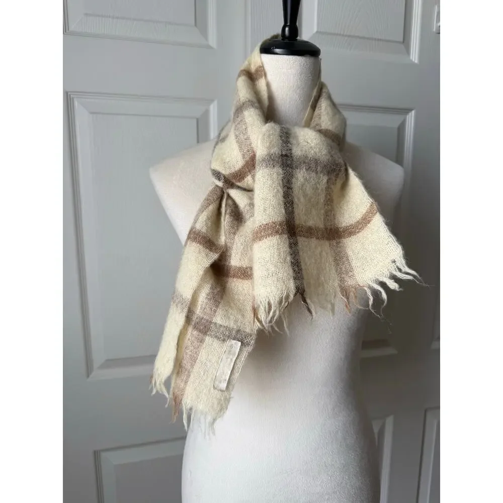Handwoven Icelandic Wool Cream Brown‎ Plaid Scarf Fringe Minimalist Iceland Made